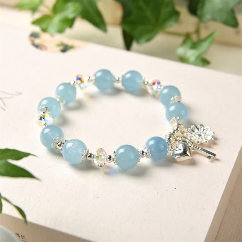 925 Sterling Silver Natural Aquamarine Serenity Flower Love Key Charm Bracelet - image 5