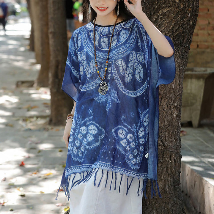 Buddha Stones Blue Butterfly Indigo Dyeing Shawl Tassels Cozy Travel Pullover 90*95cm