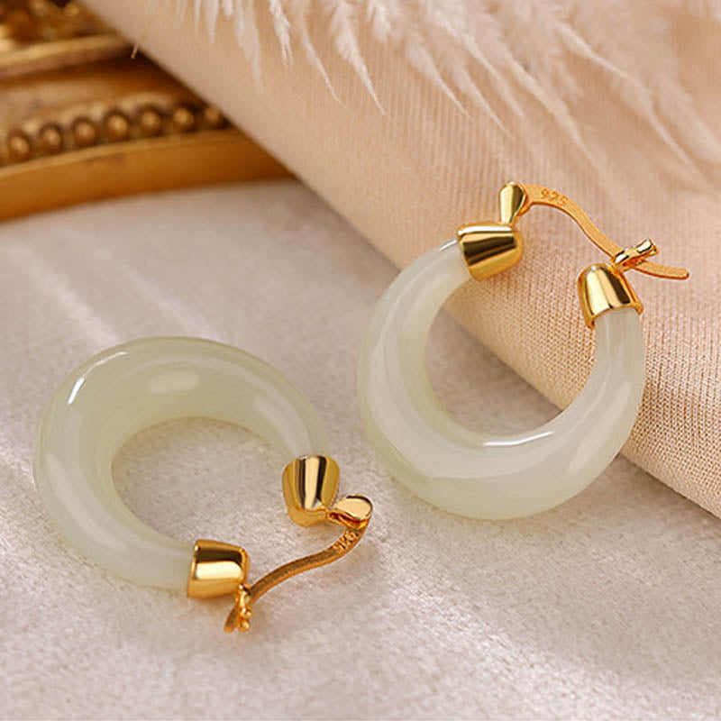 Buddha Stones Round Jade Cyan Jade Prosperity Luck Drop Earrings - image 4