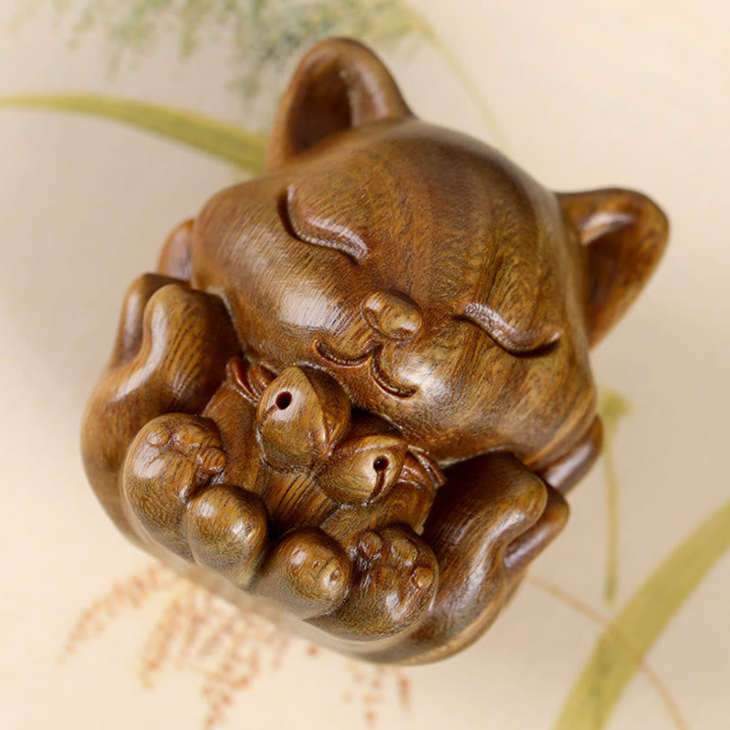 Buddha Stones Mini Nine Tailed Fox Ivory Fruit Sandalwood Green Sandalwood Blessing Decoration
