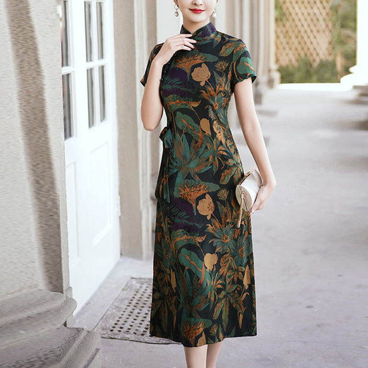 Buddha Stones Silk Qipao Dress Retro Flower Leaf Pattern Women's Cheongsam Dress