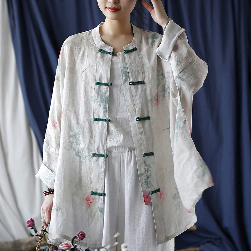 Buddha Stones White Red Flowers Green Leaves Frog-Button Long Sleeve Ramie Linen Jacket Shirt