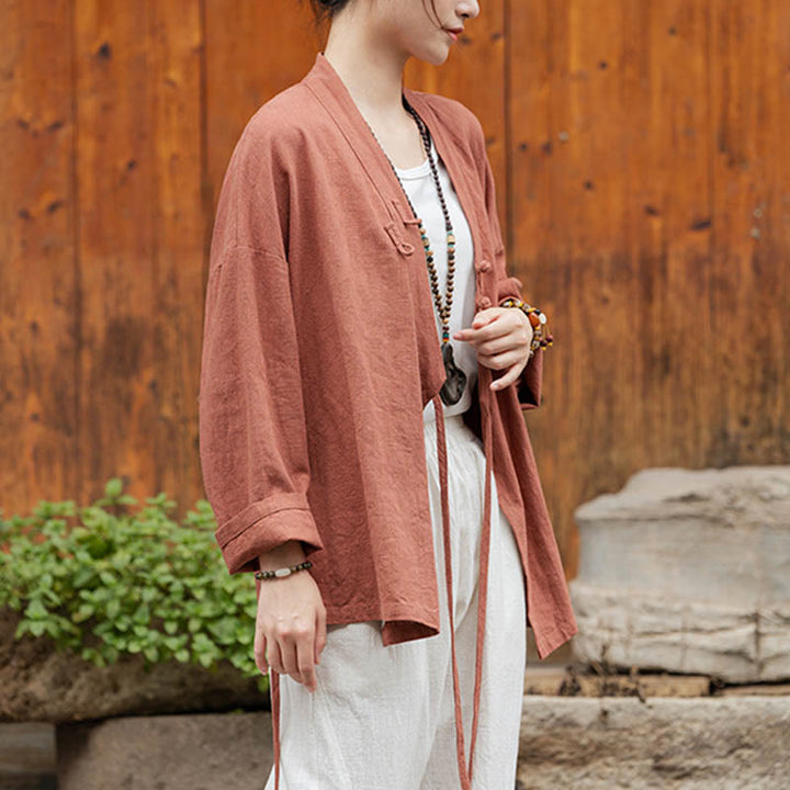 Buddha Stones Frog-Button Hanfu Design Shirt Top Ramie Linen Jacket