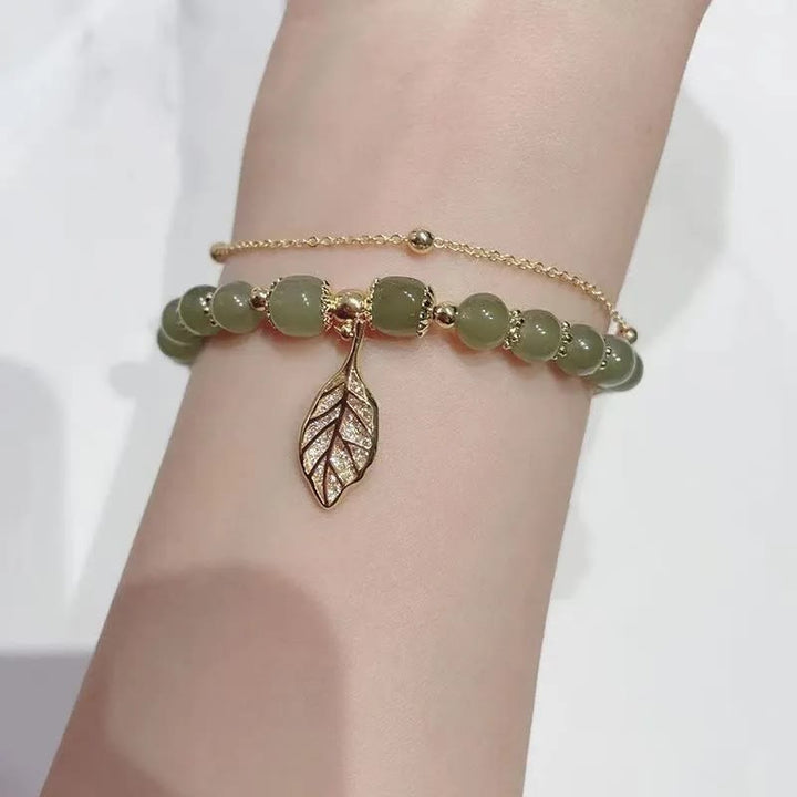 Buddha Stones Jade Leaf Ginkgo Tulip Peanut Fu Character Luck Beaded Bracelet - image 7