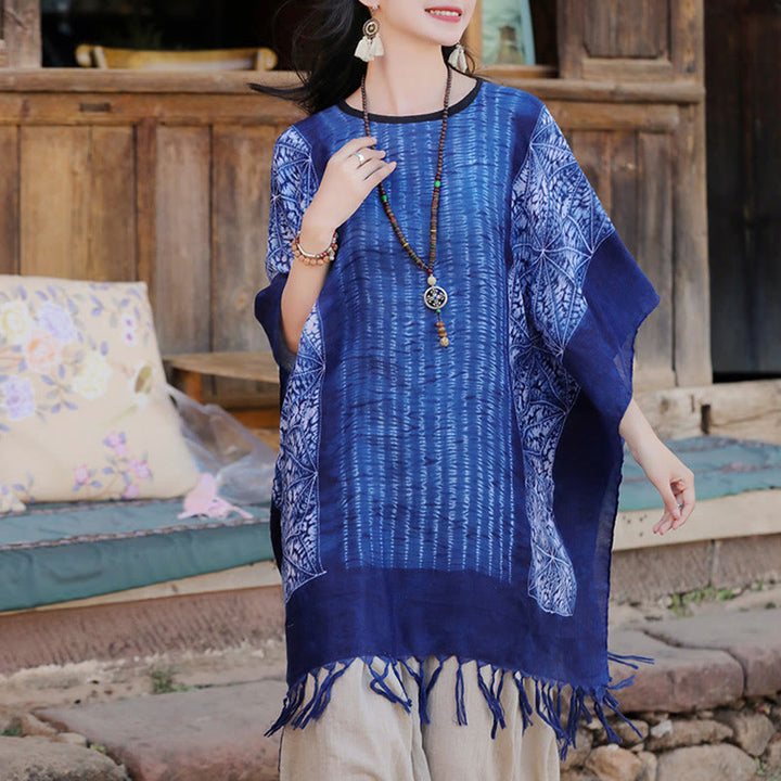 Buddha Stones Blue Geometric Stripes Batik Shawl Tassels Cozy Travel Pullover 90*95cm