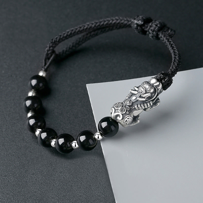Buddha Stones 999 Sterling Silver FengShui PiXiu Natural Black Obsidian 925 Sterling Silver Bead Strength Bracelet - image 1
