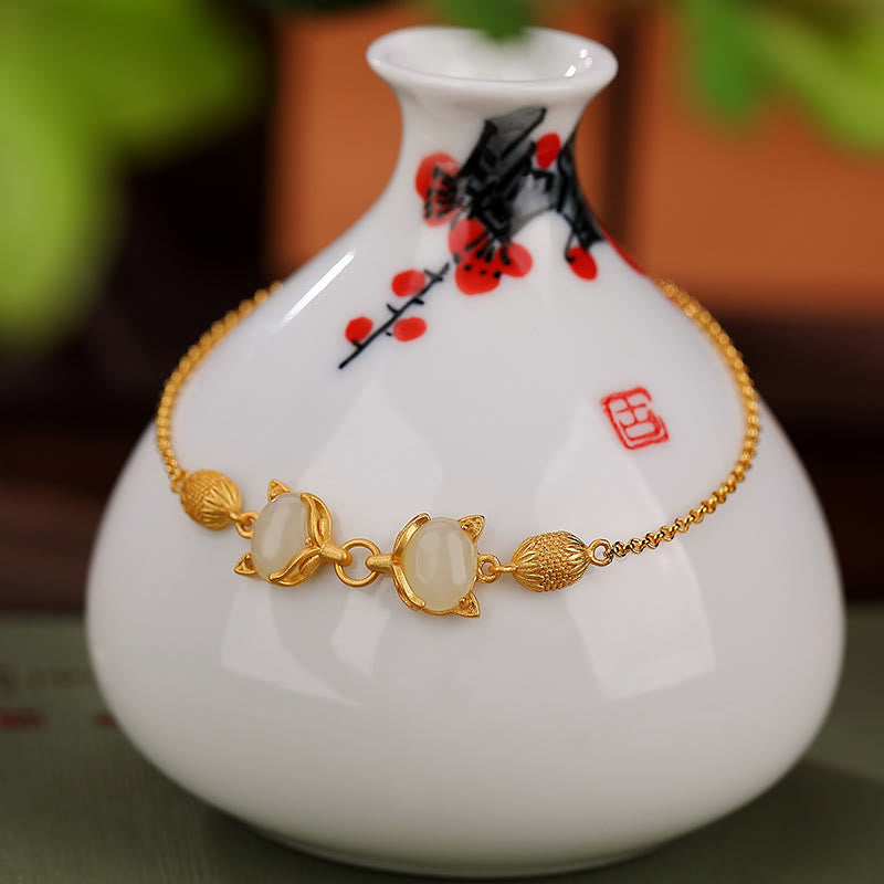 Buddha Stones 925 Sterling Silver Natural Hetian White Jade Cyan Jade Lovely Fox Luck Bracelet - image 6