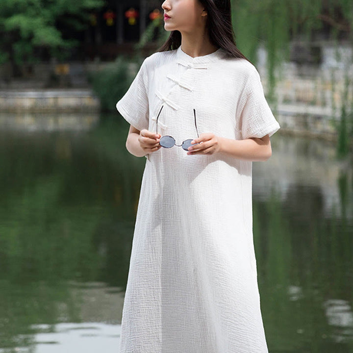 Buddha Stones Frog-Button Midi Dress Cotton Linen Short Sleeve Dress With Pockets