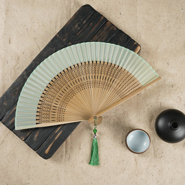 Buddha Stones Simple Cherry Flower Hollow Engraved Handheld Bamboo Folding Fan