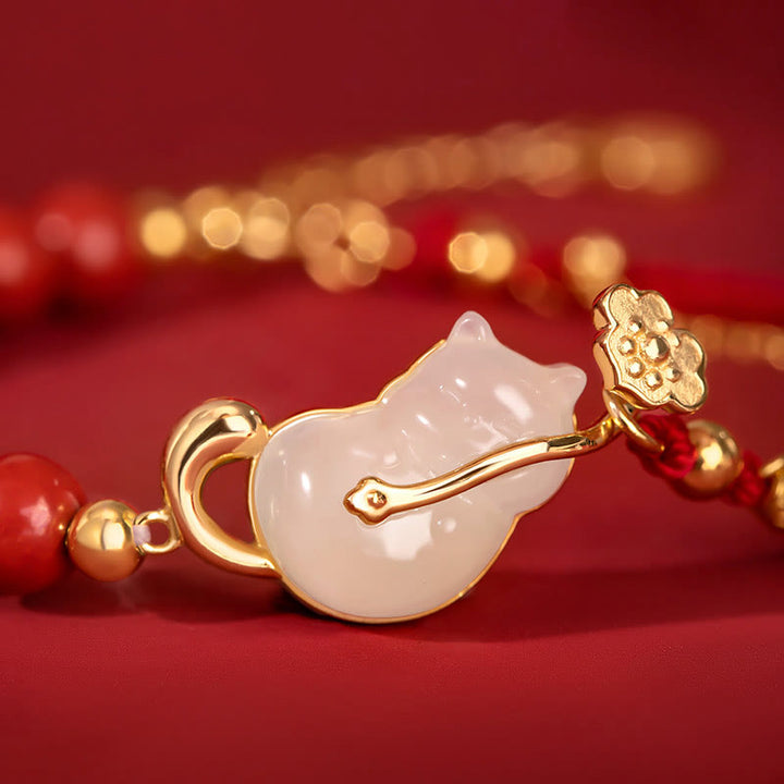 Buddha Stones 925 Sterling Silver Plated 18K Gold Hetian Jade Ruyi Cat Cinnabar Luck Bracelet Necklace Pendant Set