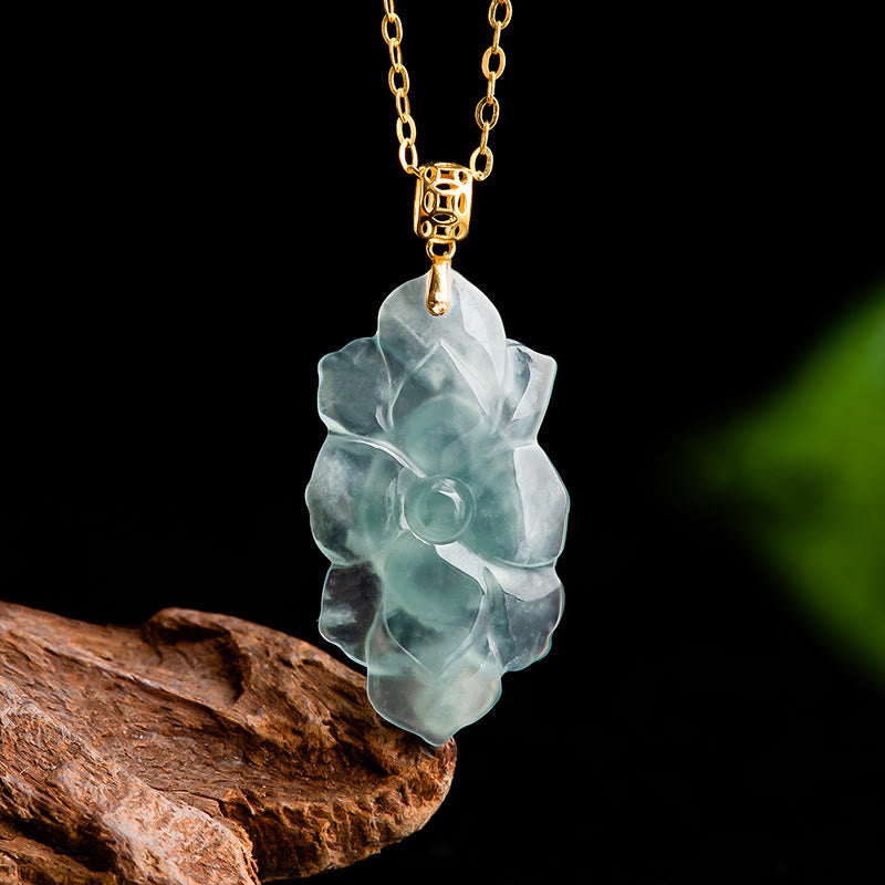 Buddha Stones 18K Gold Natural Jade Lotus Pattern Prosperity Necklace Pendant - image 5