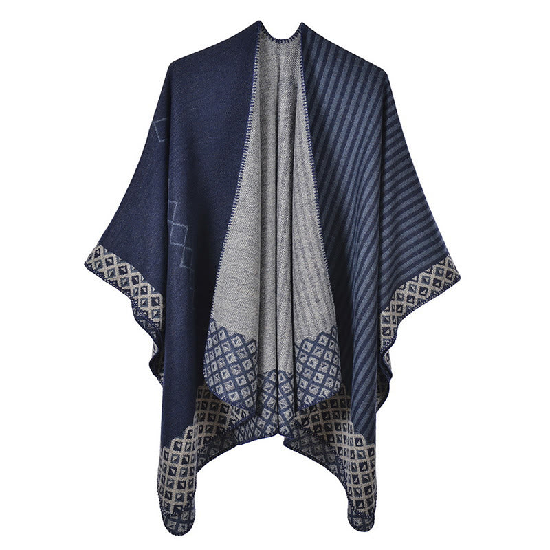 Tibetan Shawl Striped Diamond Pattern Winter Warm Soft Scarf - Navy Blue Gray - image 23