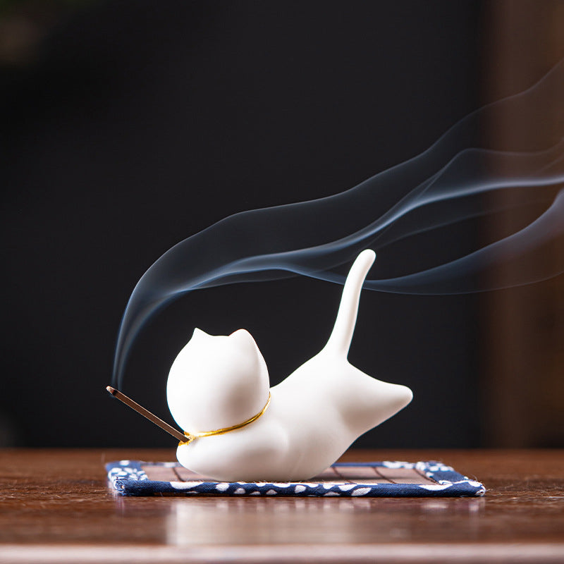 Lovely Cat Panda Ceramic Blessing Incense Burner Decoration - White Cat Incense Holder - image 2