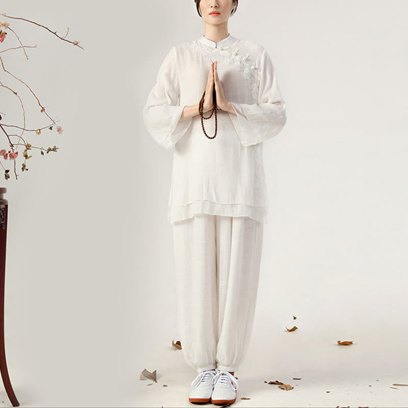 Buddha Stones 2Pcs Long Sleeve Frog-Button Meditation Prayer Zen Practice Tai Chi Uniform Clothing Women's Set