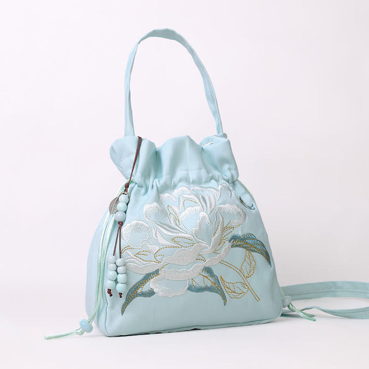 Buddha Stones Embroidered Flowers Wisteria Lily Cotton Linen Tote Crossbody Bag Shoulder Bag Handbag