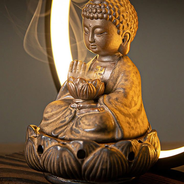 Buddha Stones Buddha Lotus Backflow Smoke Fountain Ceramic Blessing Incense Burner With Light Decoration - image 10