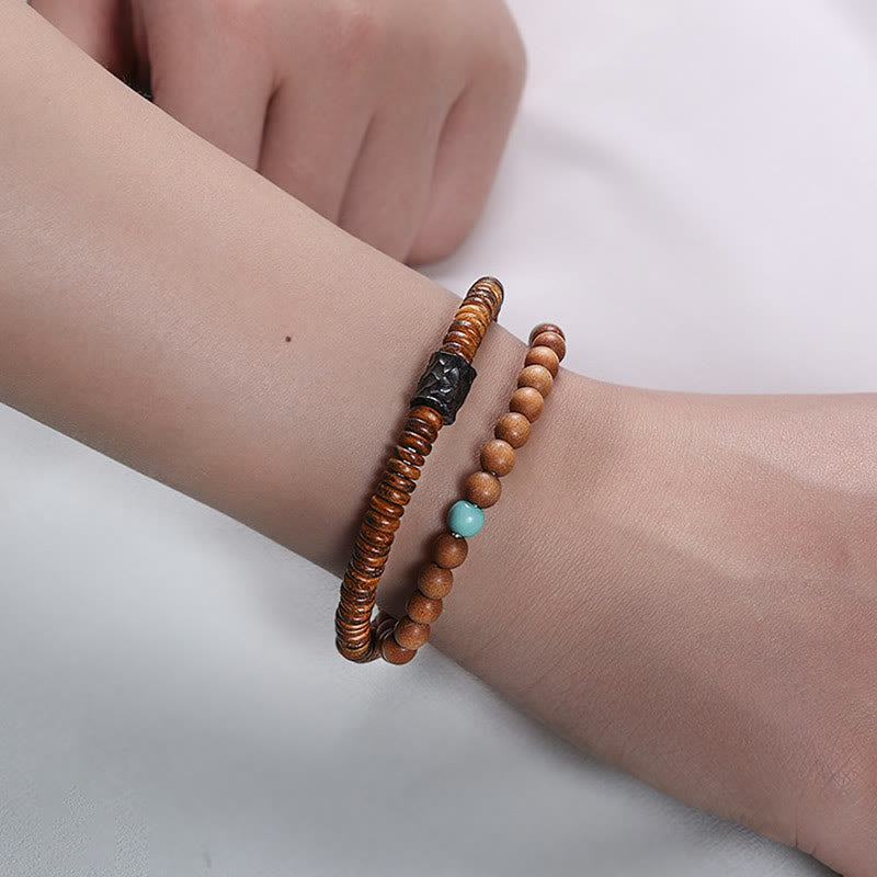 Buddha Stones Sandalwood Small Leaf Red Sandalwood Turquoise Protection Double Wrap Bracelet
