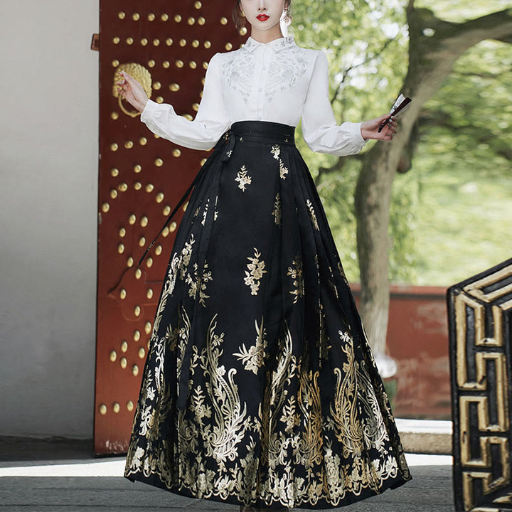 Buddha Stones Flowers Leaves Feathers Long Sleeve Shirt Top Chinese Hanfu Ming Dynasty Horse Face Skirt Mamianqun Skirt