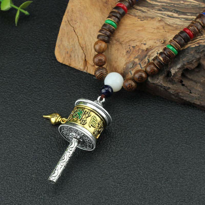 Buddha Stones Tibetan Om Mani Padme Hum Prayer Wheel Rotation Vajra Wood Necklace Pendant - image 6