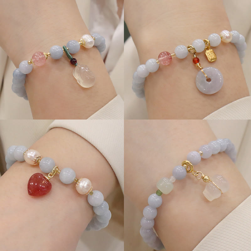 Buddha Stones Natural Aquamarine Chalcedony Serenity Rabbit Gourd Cat Charm Bracelet - image 1