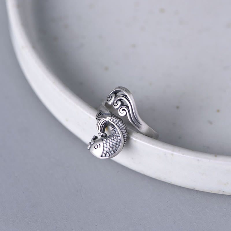Buddha Stones 925 Sterling Silver Koi Fish Water Ripple Luck Wealth Ring - image 9