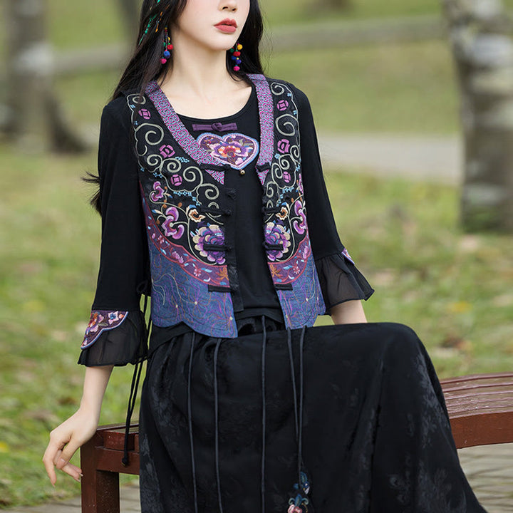 Buddha Stones Vintage Frog-Button Embroidery Purple Flower Tang Suit Design Sleeveless Vest