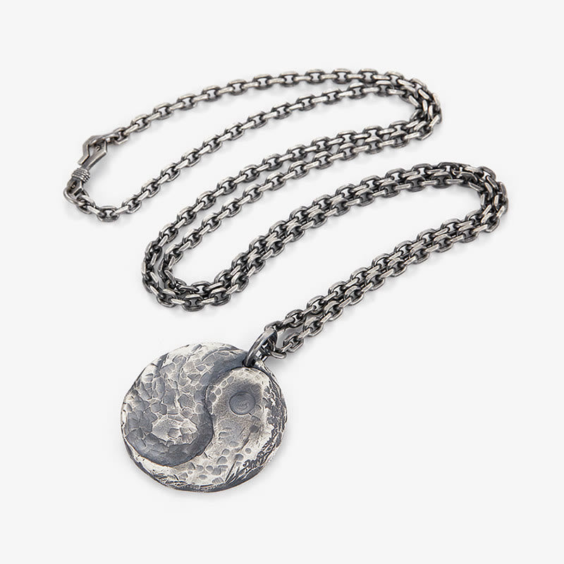 Buddha Stones 990 Sterling Silver Yin Yang Hammer Texture Harmony Necklace Pendant - image 9