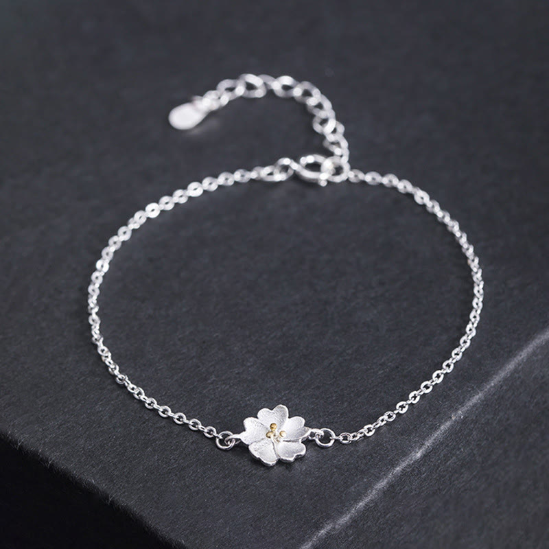 Buddha Stones 925 Sterling Silver Cherry Blossom Blessing Chain Bracelet - 925 Sterling Silver - image 0