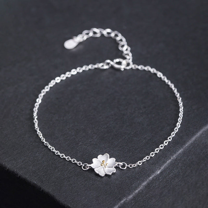 Buddha Stones 925 Sterling Silver Cherry Blossom Blessing Chain Bracelet - 925 Sterling Silver - image 0