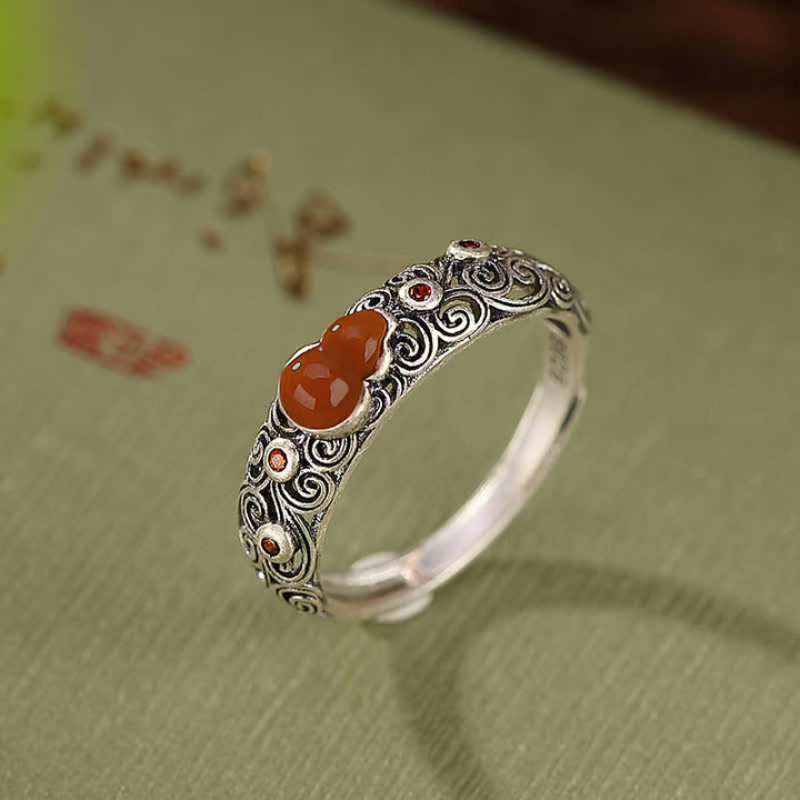 925 Sterling Silver Red Agate Cyan Jade Gourd Blessing Auspicious Ring - image 2