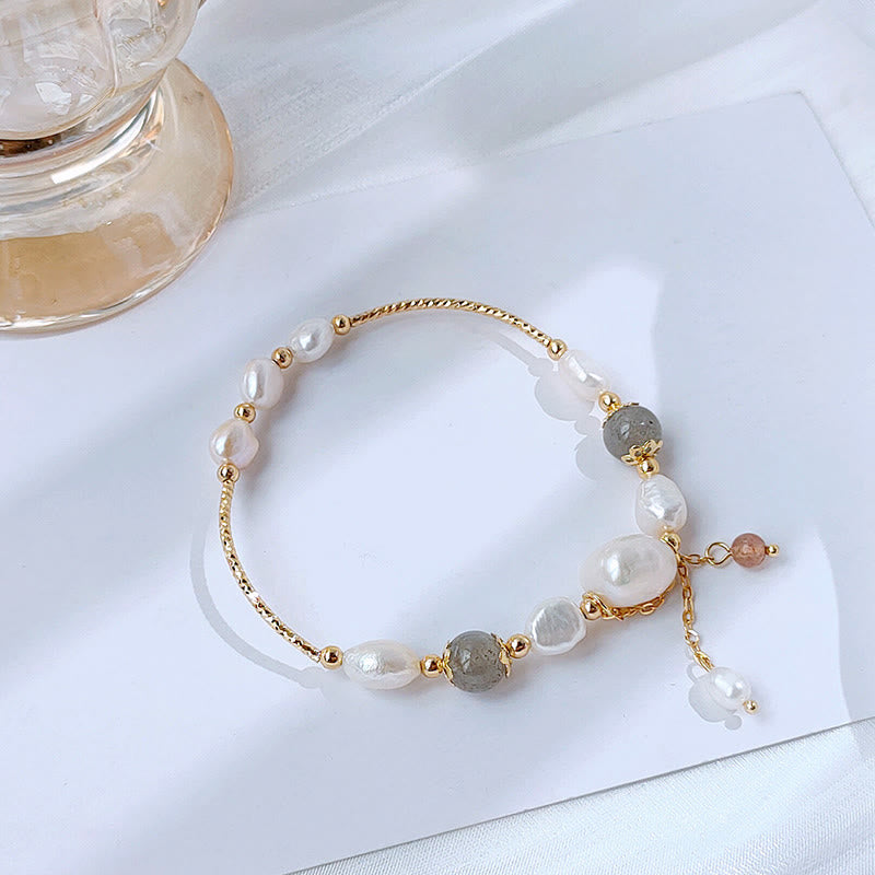 Buddha Stones Pearl Moonstone Strawberry Quartz Bead Optimism Bracelet