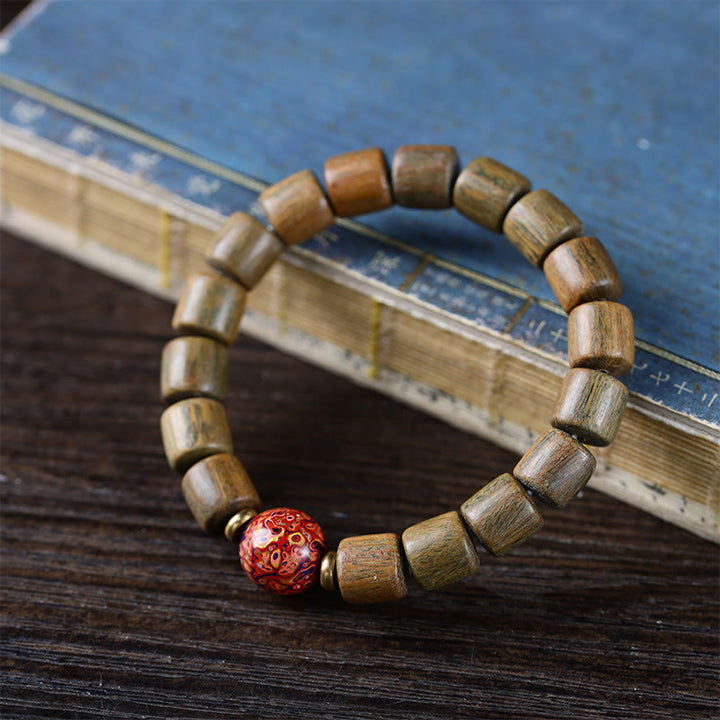 Buddha Stones Natural Green Sandalwood Small Leaf Red Sandalwood Lacquer Bead Peace Bracelet