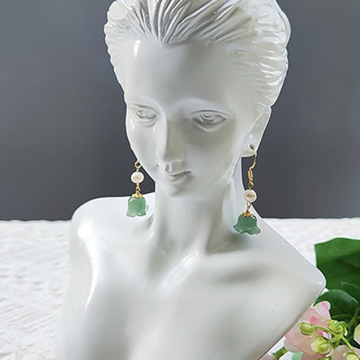 Buddha Stones Lily of The Valley Natural Green Aventurine 14K Gold Plated Luck Pearl Drop Dangle Floral Earrings