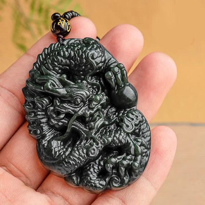 Hetian Cyan Jade Dragon Success Harmony Necklace Beaded String Pendant