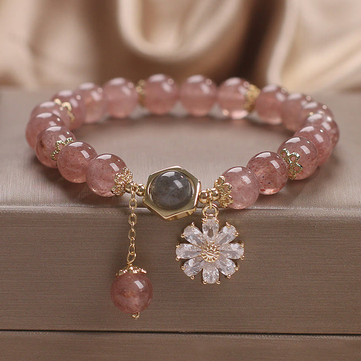 Natural Strawberry Quartz Crystal Daisy Flower Charm Positive Healing Bracelet