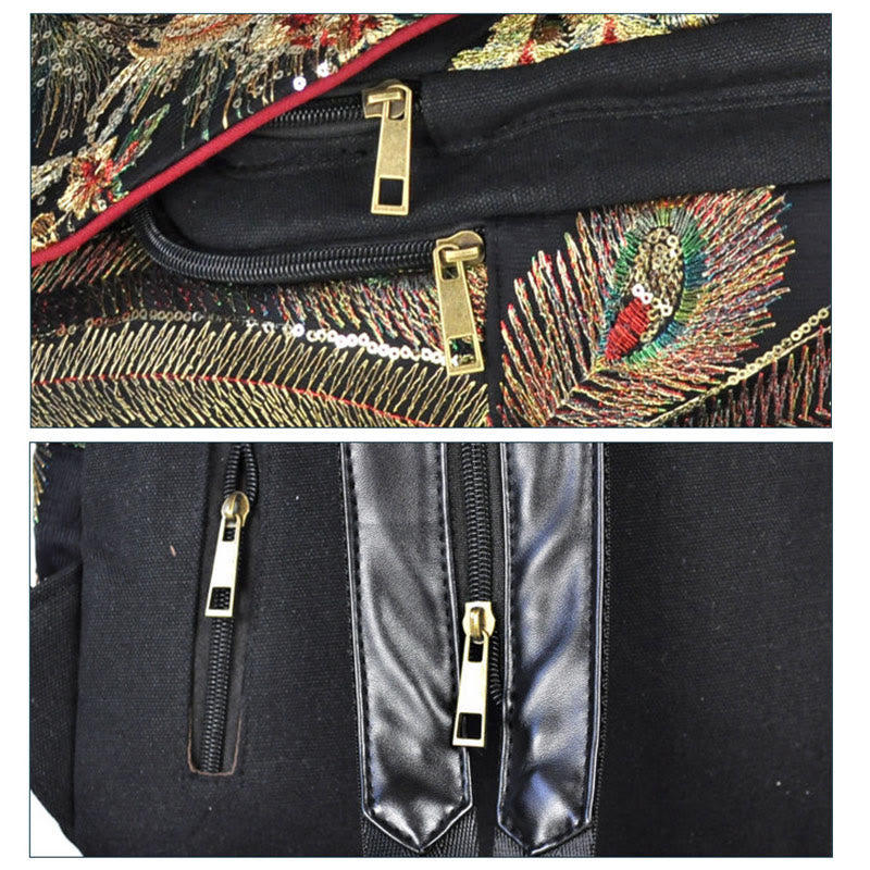 Peacock Embroidery Canvas Tassel Backpack