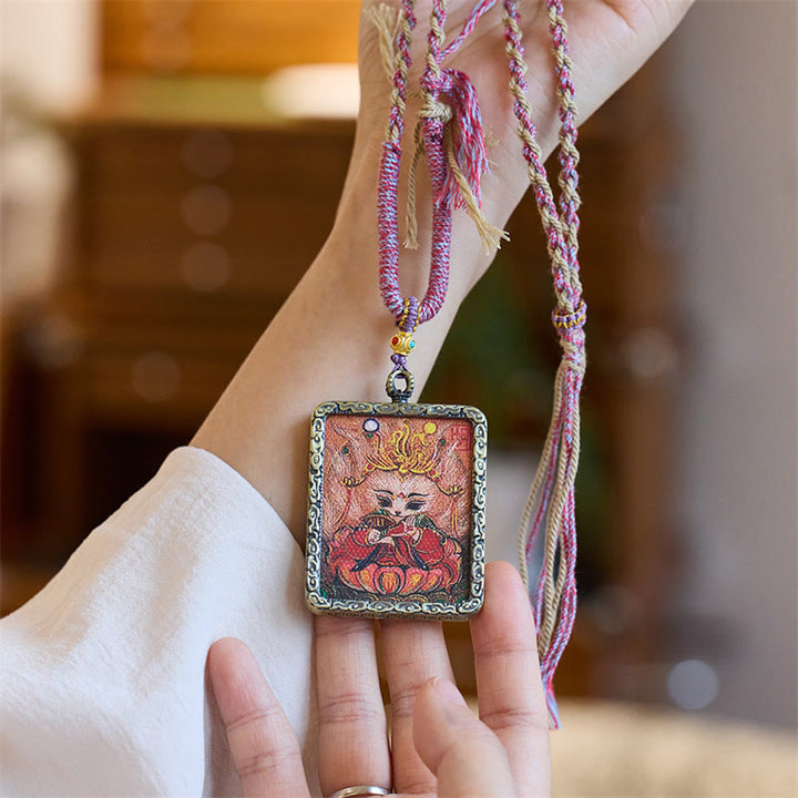 Buddha Stones Tibetan Hand-Painted Thangka Nine-Tailed Fox Luck Necklace Pendant