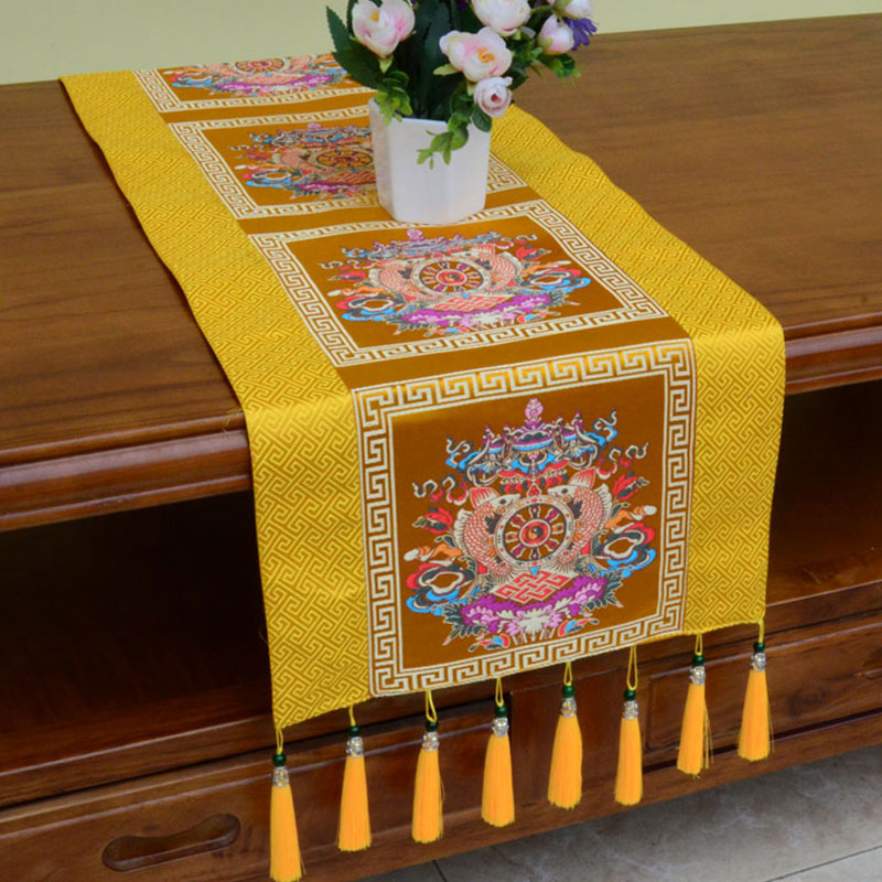 Prayer Altar Mat Man-Bcu Kalachakra Endless Knot Vajra Tibetan Auspicious Symbols Tassels Table Runner