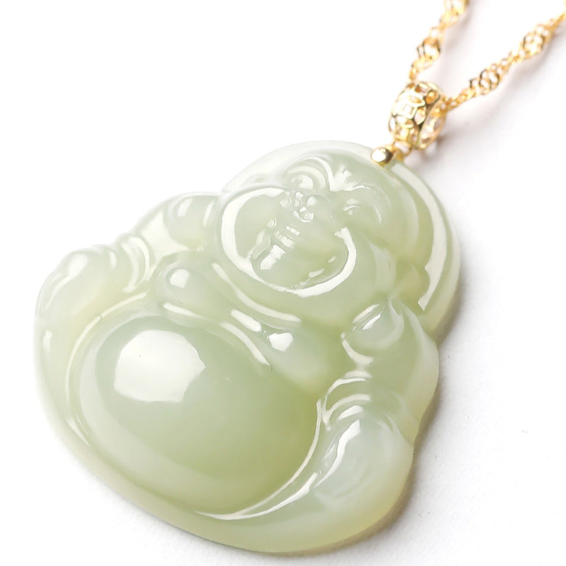 925 Sterling Silver Laughing Buddha Cyan Jade 18K Gold Success Necklace Pendant