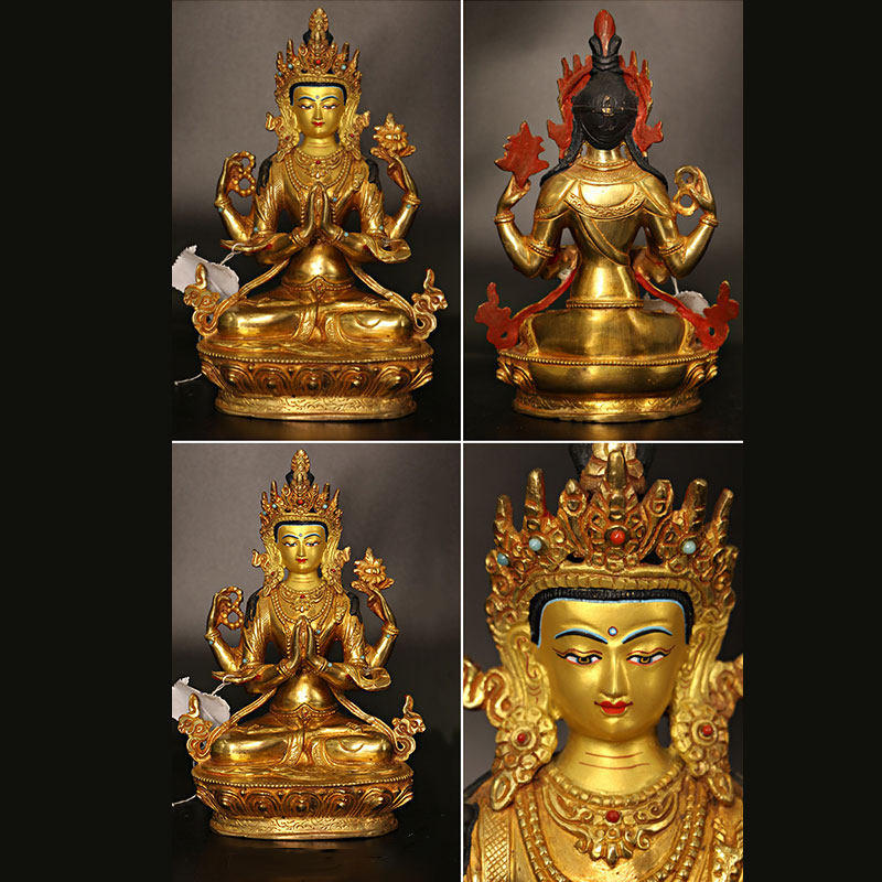 Bodhisattva Tara Chenrezig Four-armed Avalokitesvara Protection Copper Gold Plated Statue Decoration