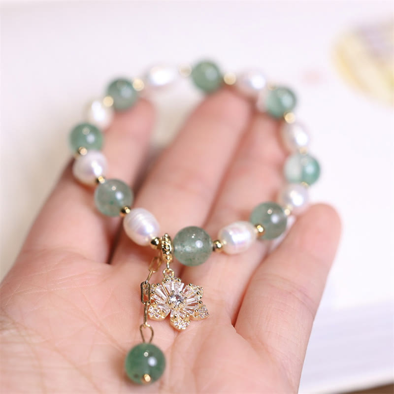 Buddha Stones Natural Green Strawberry Quartz Pearl Flower Charm Love Bracelet