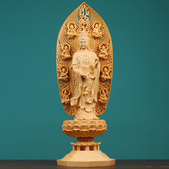 Buddha Stones Handcrafted Kwan Yin Avalokitesvara Tathagata Mahasthamaprapta Bodhisattva Statue Boxwood Abundance Decoration