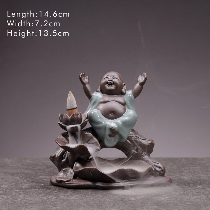 Buddha Little Monk Ceramic Lotus Blessing Incense Burner Decoration