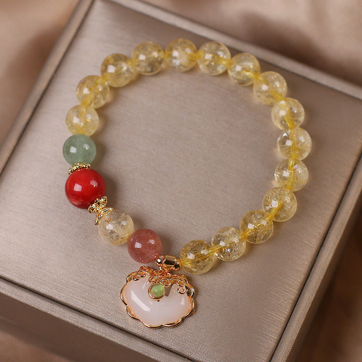 Buddha Stones Natural Citrine White Jade Strawberry Quartz Protection Charm Bracelet