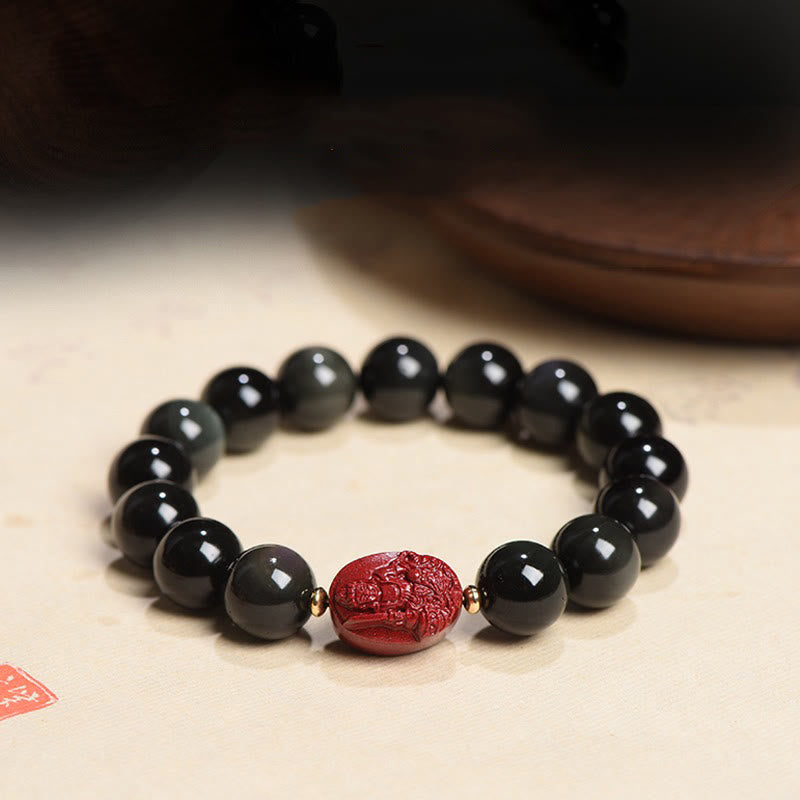 Buddha Stones Chinese Zodiac Natal Buddha Natural Black Obsidian Cinnabar Purification Bracelet