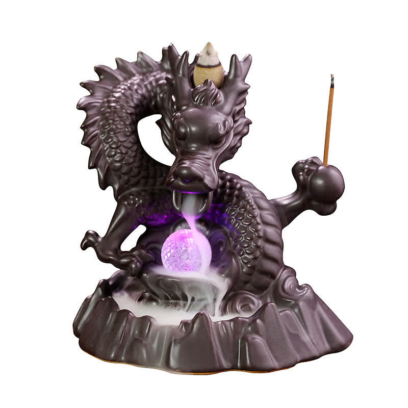 Auspicious Dragon Ceramic Backflow Smoke Fountain Meditation Healing Incense Burner Led Ball Decoration