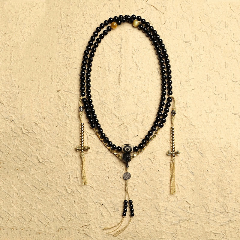 Tibetan 108 Mala Beads Black Onyx Three-eyed Dzi Beads Protection Bracelet