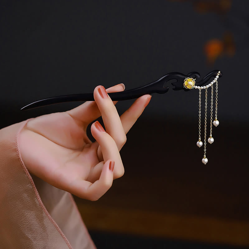 Buddha Stones Ebony Wood Yellow Flower Pearl Tassels Hairpin