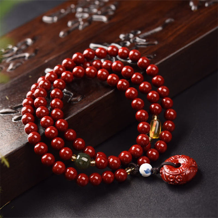 Tibetan Cinnabar Peace Buckle Triple Wrap Blessing Bracelet Mala