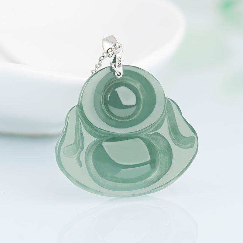 925 Sterling Silver Laughing Buddha Jade Protection Calm Necklace Chain Pendant